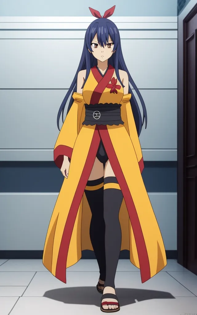 The image shows a young woman with long blue hair and red eyes. She is wearing a yellow kimono with a red obi and a large red bow in her hair. She is also wearing black thigh-high socks and brown sandals. She has a serious expression on her face and is looking to the left.