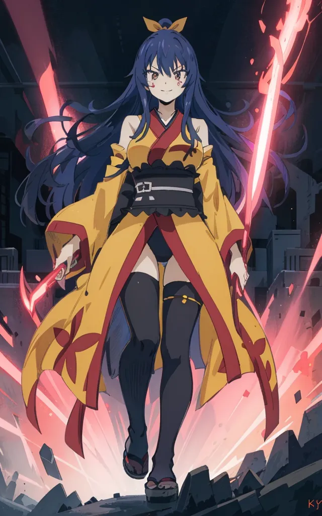 The image is of an anime-style girl with long blue hair and red eyes. She is wearing a yellow kimono with a black obi and has a red bow in her hair and is barefoot. She is holding two red katanas and is standing in a fighting stance. The background is dark with red and orange light.