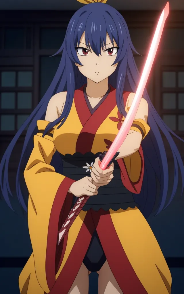 The picture shows a young woman with long dark blue hair wearing a yellow kimono with red accents. She is holding a glowing red sword in her right hand. The background is dark with some blurs of light. The woman has a serious expression on her face.