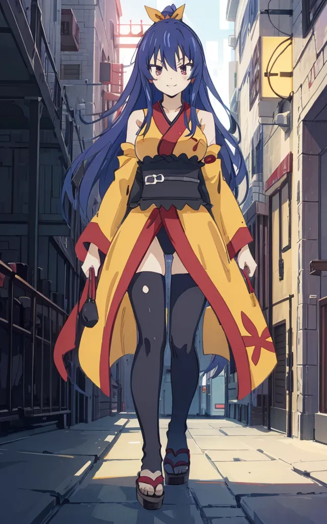 The image shows a young woman with long blue hair wearing a yellow kimono with red accents. She is walking down a street in a traditional Japanese setting. The woman is carrying a red handbag with a black strap. She is wearing black stockings and geta sandals. The woman has a confident expression on her face.