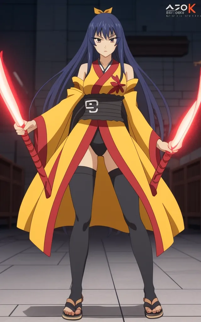 The image shows a woman wearing a yellow kimono with red accents. The kimono is tied with a black obi sash with a golden buckle. She has black thigh-high socks and brown sandals. Her long blue hair is flowing down her back. She is holding two red lightsabers, one in each hand. She is standing in a fighting stance, with her feet shoulder-width apart and her knees slightly bent. Her eyes are narrowed and focused on her opponent.