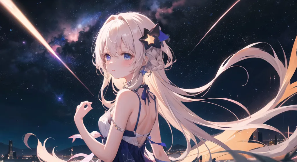 The image is of an anime girl with long white hair and blue eyes. She is wearing a white and blue dress with a star-shaped hair accessory. She is standing in a field of flowers, and there are shooting stars in the sky. The background is a night sky with many stars. The girl is looking at the shooting stars with a smile on her face.