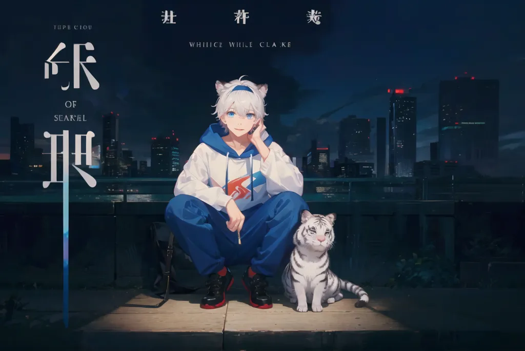 The image is of an anime boy with white hair and blue eyes. He is wearing a white and blue hoodie and blue pants. He is sitting on a railing with a white cat. The background is a city at night. The boy is looking at the cat. The image is in a realistic style and the colors are vibrant.