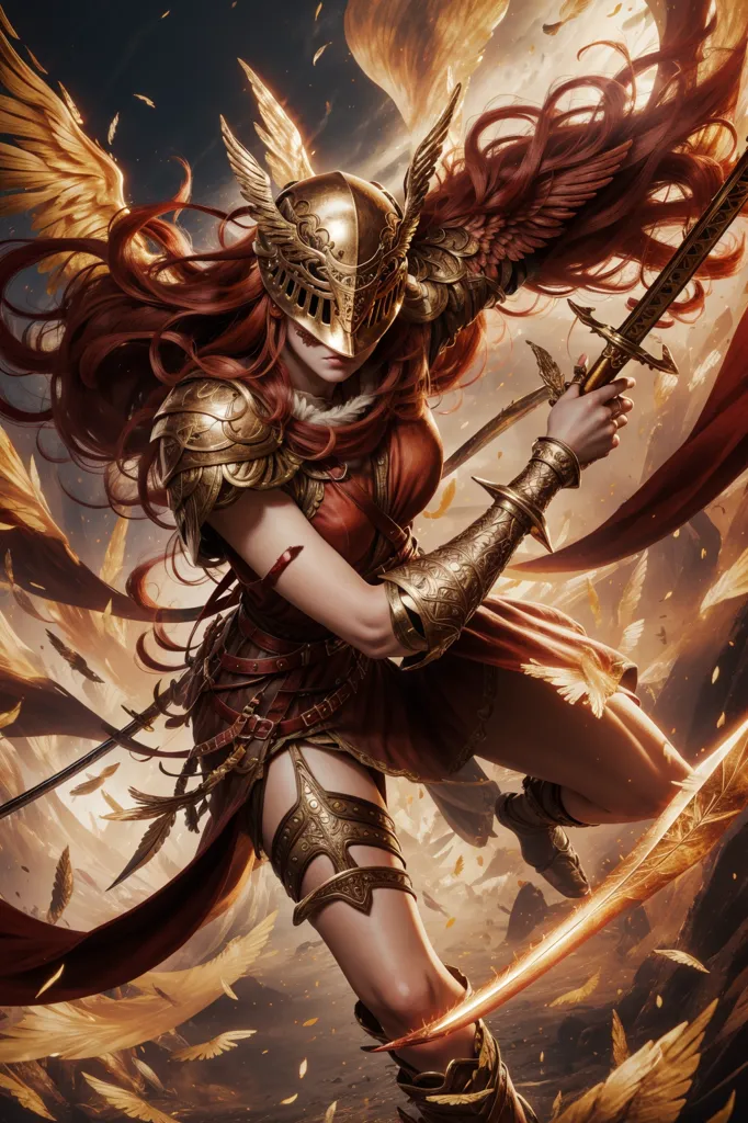 The image is of a woman with long red hair and golden wings. She is wearing a golden helmet and red armor. She is holding a sword in each hand. She is standing in a field of golden leaves. There are two swords stuck in the ground behind her.