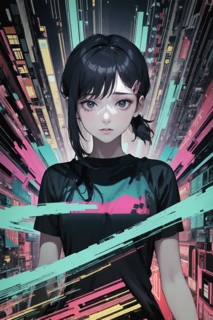 The image is a portrait of a young woman with short black hair and blue eyes. She is wearing a black t-shirt with a colorful pattern. The background is a blur of city lights. The image is drawn in a realistic style and the colors are vibrant and saturated. The woman's expression is serious and thoughtful. She is looking at the viewer with her head slightly tilted down.