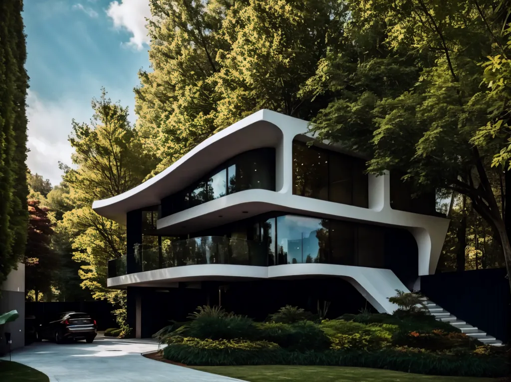 The image is a modern house with a lot of glass and a curved roof. It is surrounded by trees and has a large driveway. The house has two stories and a balcony on the second story. There is a black car parked in the driveway.