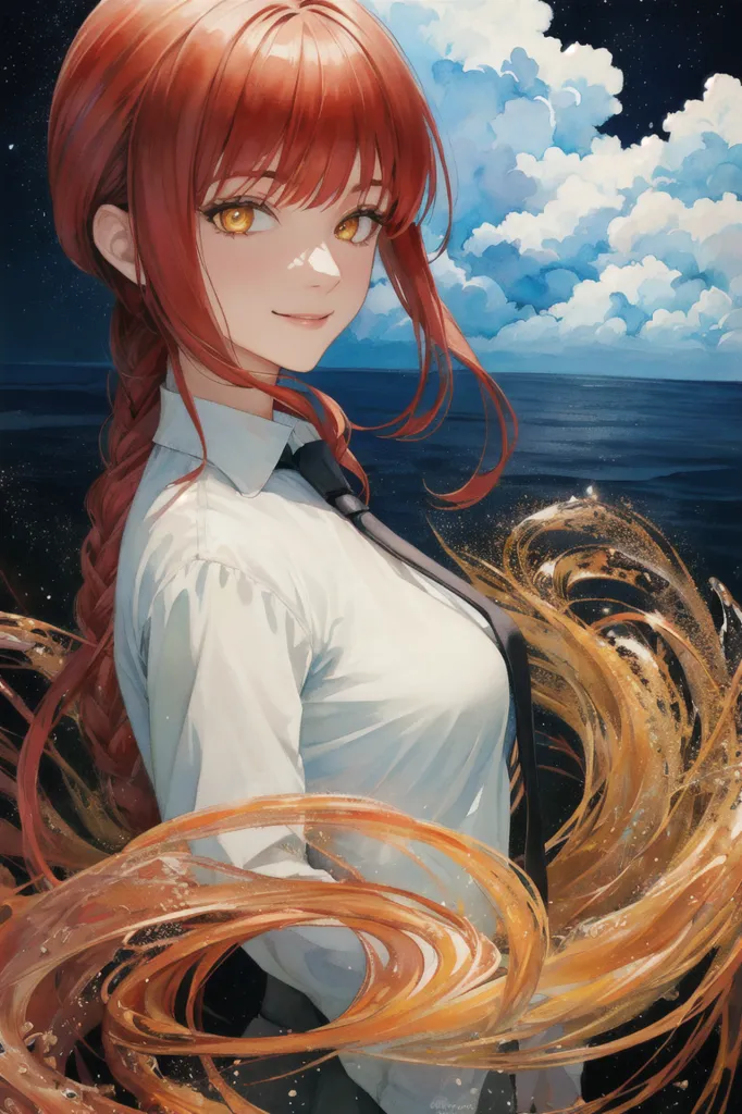 This is an image of a young woman with long red hair and yellow eyes. She is wearing a white shirt and a black tie. She is standing in front of a dark blue sea under a night sky with white clouds. There are also some orange ribbons around her.