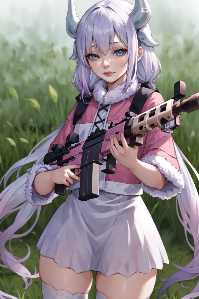 The image depicts a young woman with long silver hair and blue eyes. She is wearing a white and pink outfit and holding a gun. She is standing in a field of green grass and there are plants in the background.