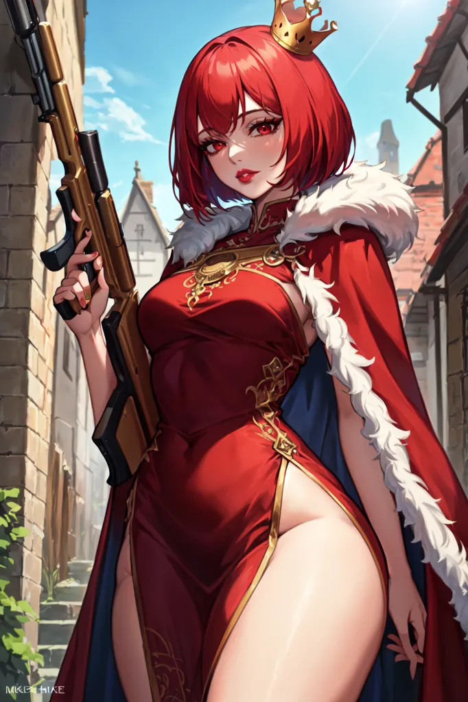 The image depicts a woman wearing a red qipao, a traditional Chinese dress, with a high collar and a slit at the side. The dress is trimmed with gold and has a white fur cape. She is also wearing a crown and holding a gun. She has red hair and red eyes. She is standing in a European-style street with stone buildings and a blue