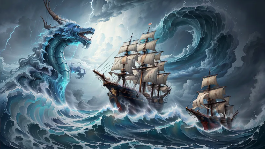 The image is a painting of a sea battle between two ships and a sea dragon. The ships are both wooden, with the one on the left being slightly larger than the one on the right. The dragon is blue and has a long, serpentine body. It is flying above the ships. The sea is rough, with large waves crashing against the ships. In the background, there is a dark, stormy sky.