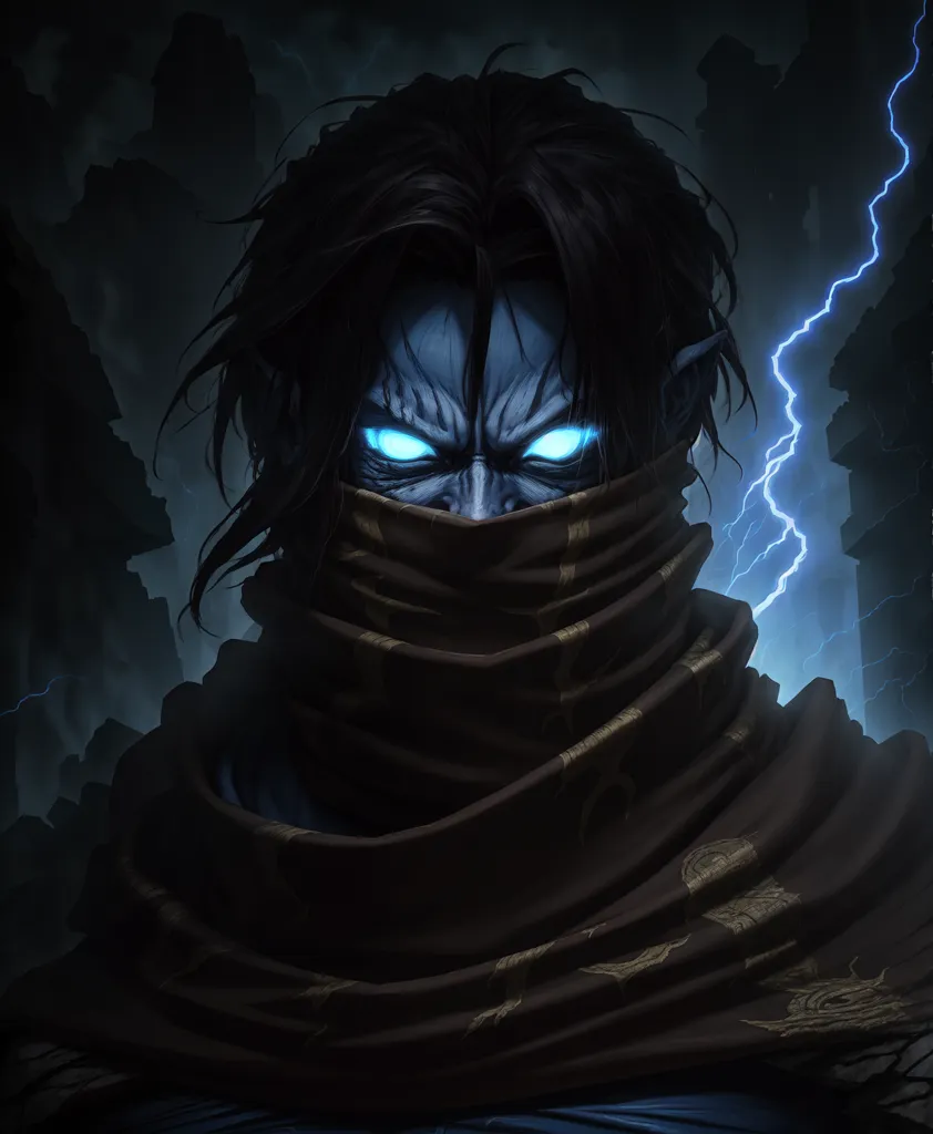 The image is of a man with dark hair and blue eyes. He is wearing a brown scarf that covers his nose and mouth. He is standing in front of a dark background with lightning in the distance. The man's eyes are glowing blue and he has a determined expression on his face.