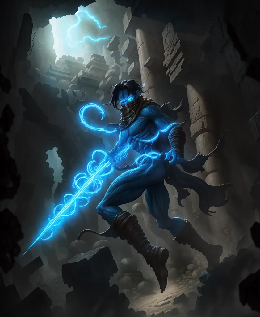 The image is of a blue-skinned man with dark hair and a blue mask standing in a dark cave. He is wearing a blue and brown outfit and is holding a blue sword. He is surrounded by blue energy and there are ruins in the background.