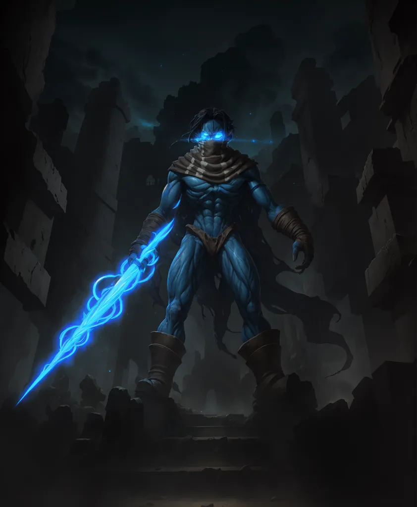 The image is of a blue-skinned man with dark hair and glowing blue eyes. He is wearing a dark blue loincloth and brown boots. He is holding a blue sword in his right hand. He is standing in a dark, ruined city. There are large buildings and towers in the background.