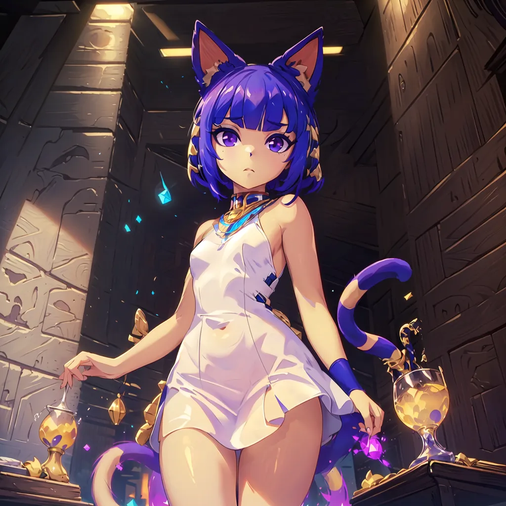 The image is of an anime-style cat girl with purple hair and blue eyes. She is wearing a white dress with a gold necklace and a gold belt. She has a cat tail and cat ears. She is standing in a room with stone walls and there are several golden cups on the ground.