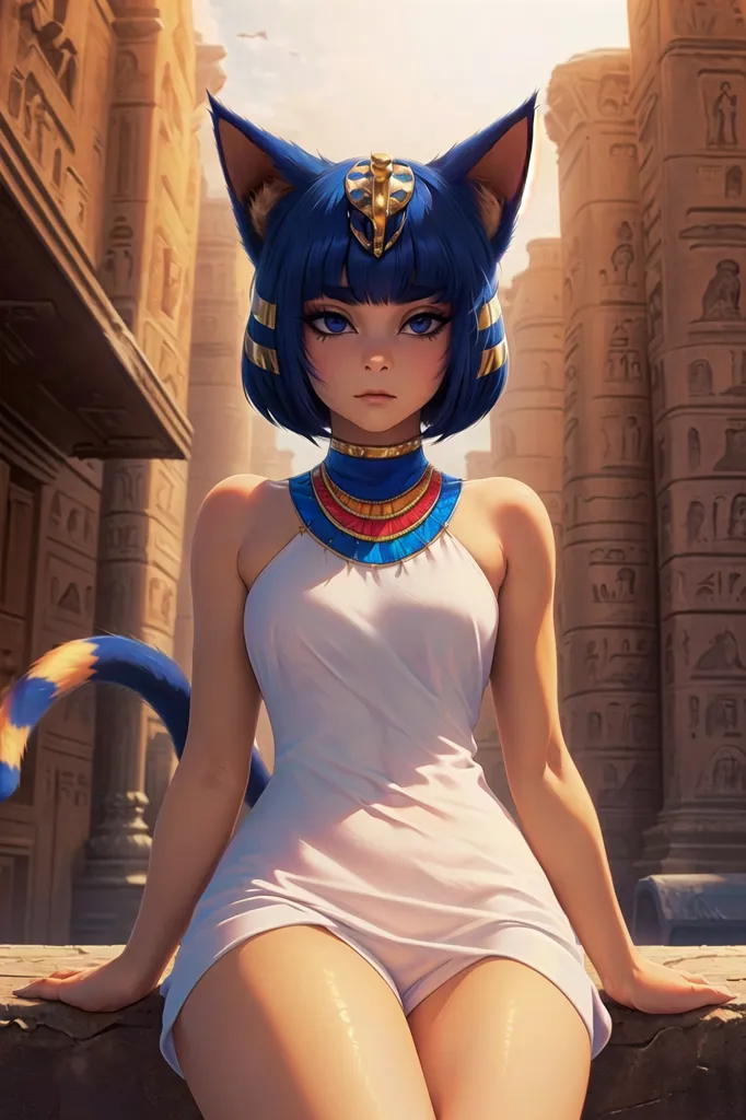 A imagem é de uma jovem mulher com orelhas de gato e uma cauda de gato. Ela está usando um vestido branco com um colar azul e dourado. Ela está sentada em um parapeito de pedra em frente a um antigo templo egípcio. O templo é decorado com hieróglifos e estátuas de gatos.