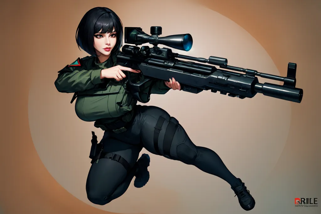 The image is a digital painting of a young woman in a military uniform. She has short black hair, dark eyes, and a fair complexion. She is wearing a green military jacket, black pants, and black boots. She is kneeling on one knee and holding a large sniper rifle. The rifle has a long barrel and a large scope. The woman is looking through the scope and aiming at a target. The background of the image is a blur of brown and orange color