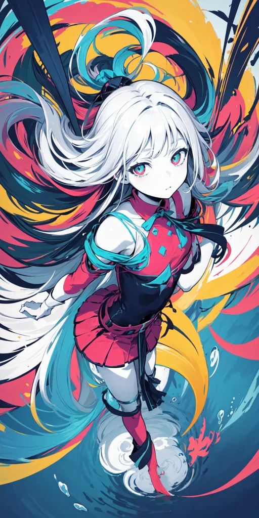 This is an image of an anime-style girl with white hair and red eyes. She is wearing a red and black outfit and has a red bow in her hair. She is standing on a platform of some sort and there are colorful splashes of paint or liquid around her. The background is a dark blue color.