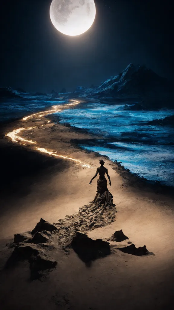 The image is a dark and moody landscape. A full moon shines over a body of water, casting a shimmering path of light across the surface. The water is dark and still, reflecting the light of the moon and stars. The shore is a barren, rocky place, with a few scraggly plants growing here and there. A lone figure stands on the shore, looking out at the water. The figure is wearing a long, flowing gown, and their hair is blowing in the wind. They seem to be lost in thought, contemplating the beauty of the night sky. The image is full of mystery and wonder, and it leaves the viewer wondering what will happen next.