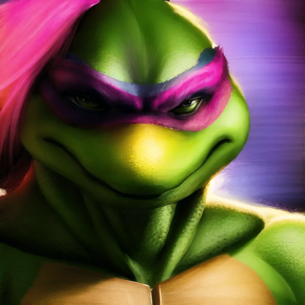 La imagen es una pintura de una Tortuga Ninja Mutante Adolescente. La tortuga es Raphael, y se le representa con el cabello rosa y una máscara morada. Está mirando al espectador con una expresión severa. El fondo es un morado oscuro y apagado.