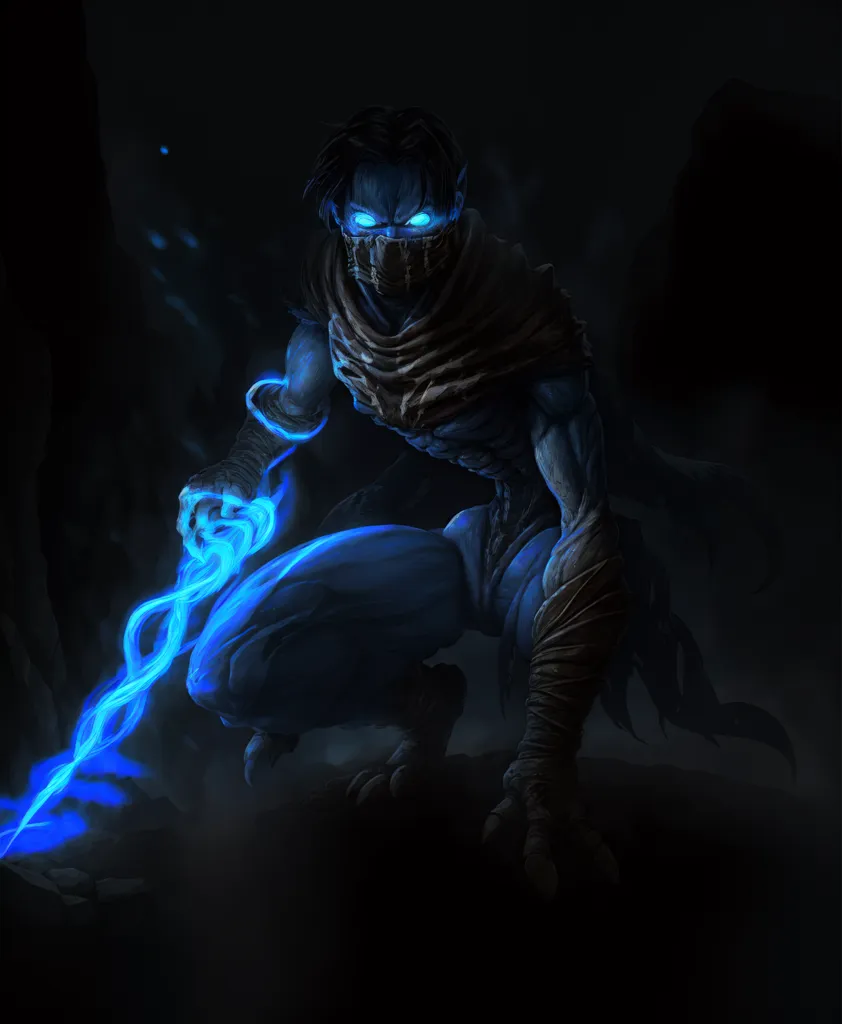 The image is of a blue-skinned, muscular man dressed in a black suit. His face is partially obscured by a mask, and his eyes are glowing blue. He is kneeling on the ground, with one hand outstretched. A blue flame is coming out of his hand. The background is dark, but there appears to be a stone wall behind him. The man looks like he is ready to attack.