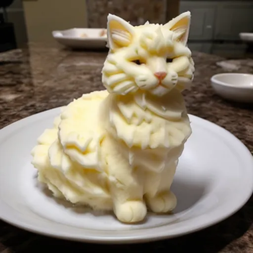 A imagem mostra um gato branco feito de purê de batatas. O gato está sentado em um prato branco e olhando para a esquerda. O gato tem pelo longo e uma cauda fofinha. Ele é guarnecido com duas folhas de salsa como bigodes.