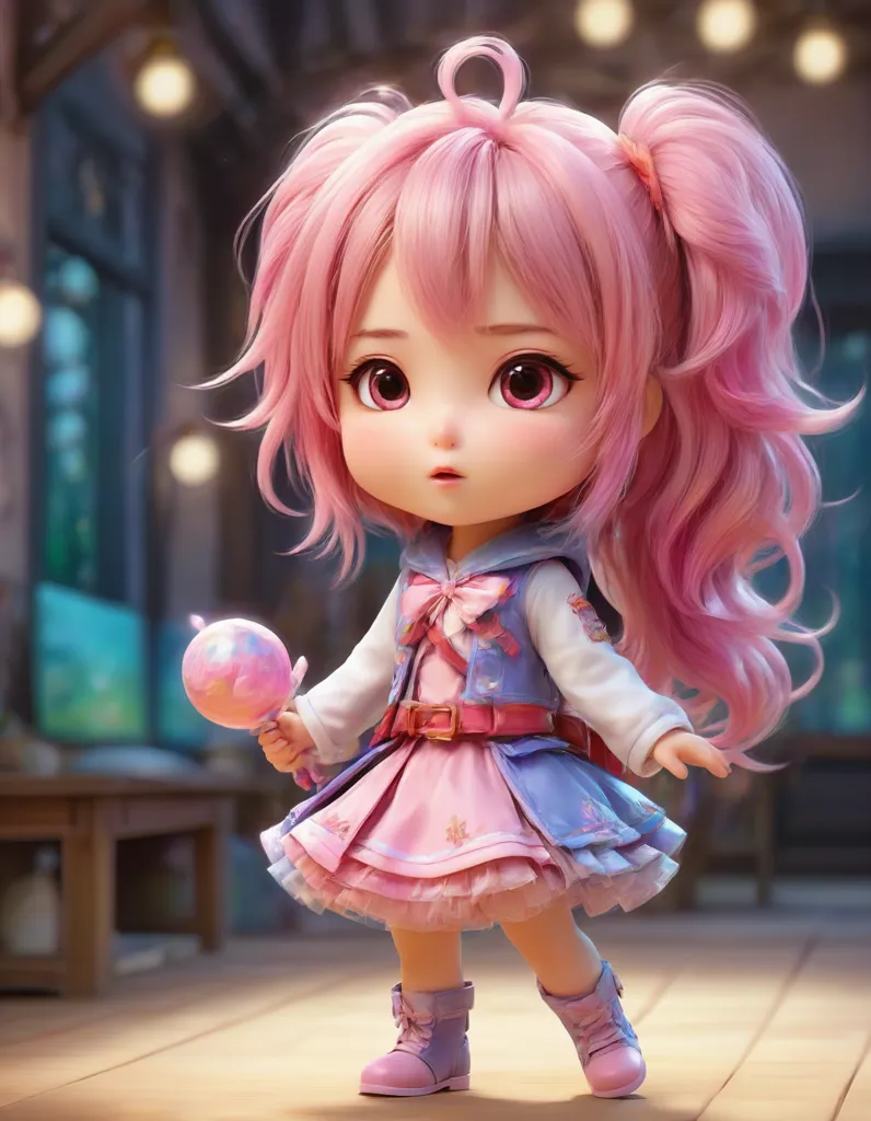 The image shows a cute little girl with pink hair and big brown eyes. She is wearing a pink and blue dress with a white collar. She is also wearing pink shoes and a pink bow in her hair. She is holding a lollipop in her right hand. She is standing in a room with a wooden floor and a lantern in the background.