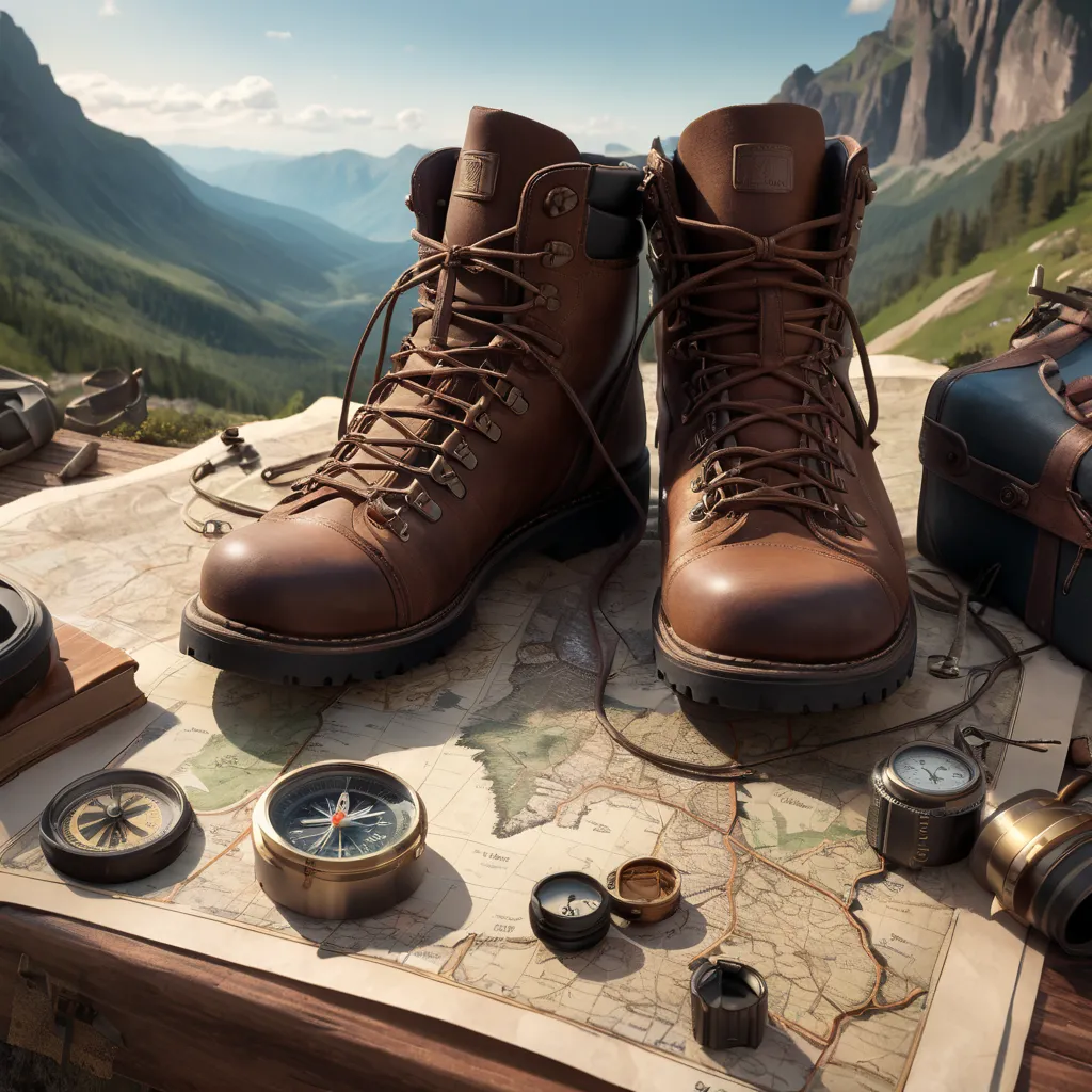 A pair of brown leather hiking boots are on a wooden table. The boots are laced up and have metal eyelets. There is a map spread out on the table, and a compass, a pocket watch, and some other objects are sitting on the map. In the background, there is a mountain range.