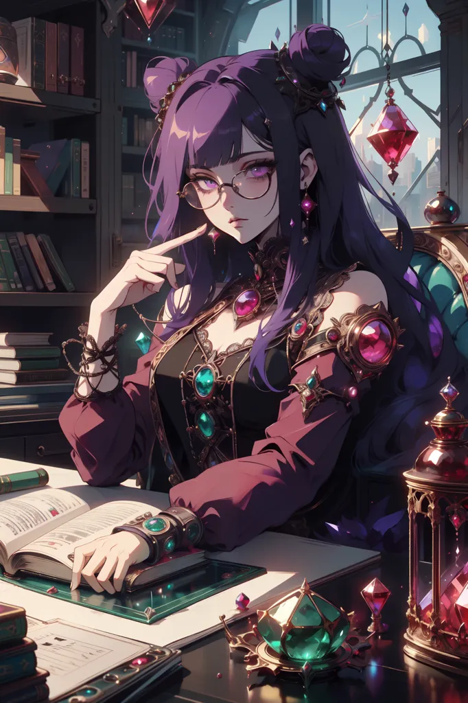 A young woman with purple hair and glasses is sitting at a desk in a library. She is wearing a black dress with a white collar and a purple cape. There are books and papers on the desk, and she is holding a book in her hands. She has a thoughtful expression on her face, and it seems like she is studying for an exam.