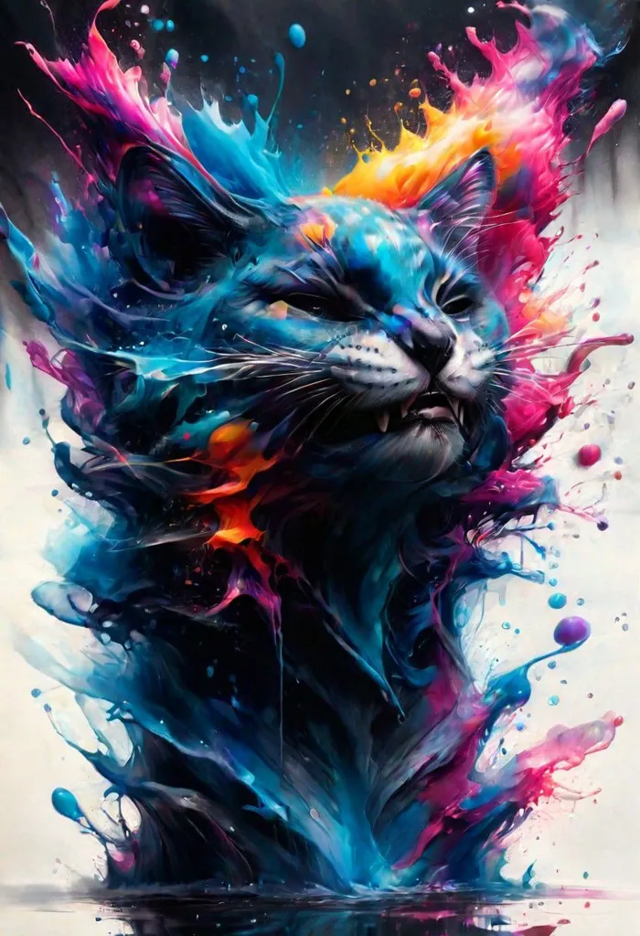 A digital painting of a cat with its mouth slightly open and its fur flowing in the wind. The cat is made up of vibrant colors, with blue, green, and purple being the most prominent. The background is black, which makes the cat stand out. The painting has a very dynamic feel to it, and it seems like the cat is about to pounce.