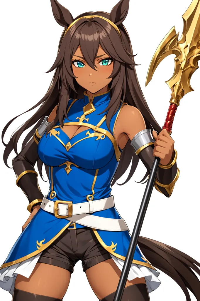 This is an image of a beautiful anime girl with brown hair and green eyes. She is wearing a blue and white outfit and is holding a weapon of some sort. She has a confident expression on her face and looks like she is ready for battle.