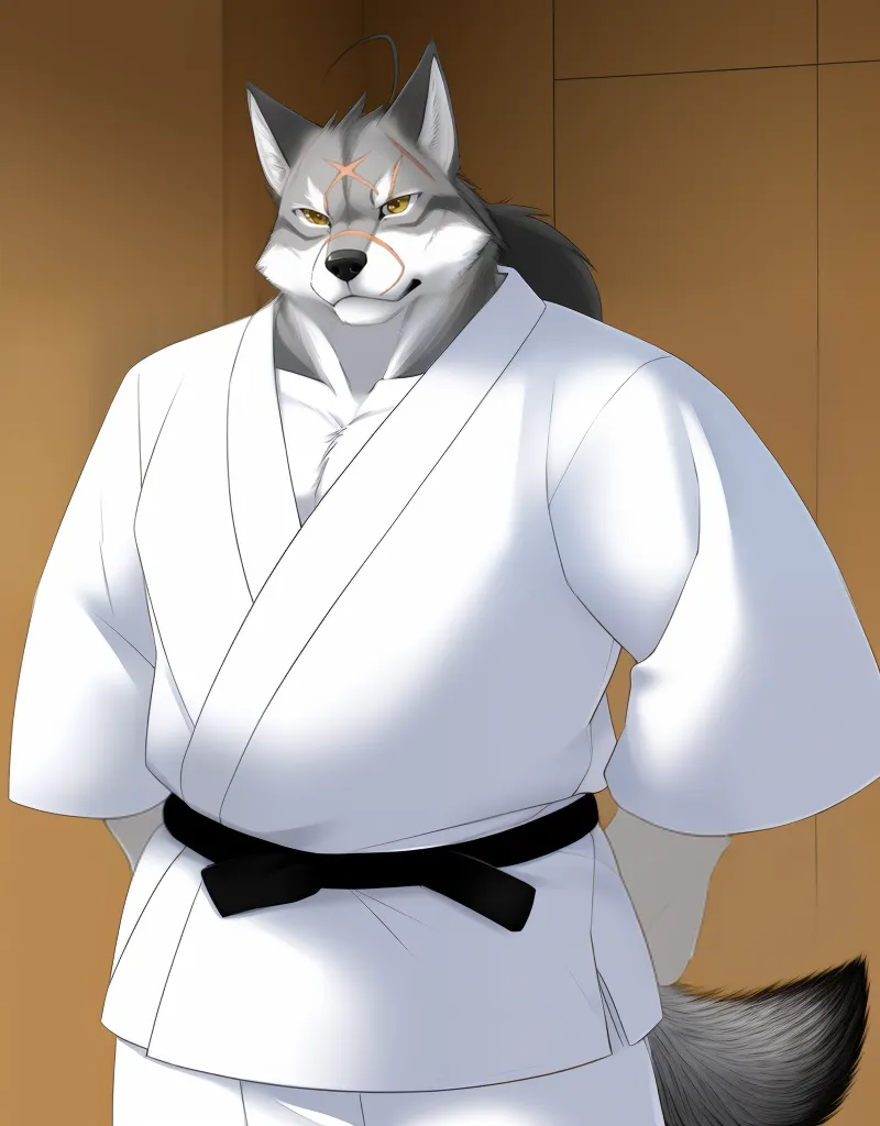 The image is of a muscular wolf in a white martial arts gi and black belt. The wolf has grey and white fur, and his eyes are a light grey. He is standing in a fighting stance, with his feet shoulder-width apart and his fists clenched. His expression is one of determination and focus.