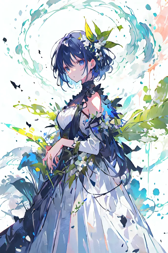 This is an image of a girl with blue hair and blue eyes. She is wearing a white dress with a black sash and has a flower in her hair. She is standing in a field of flowers and there is a large tree behind her. The background is a light blue color. The girl is looking at the viewer with a gentle smile on her face.