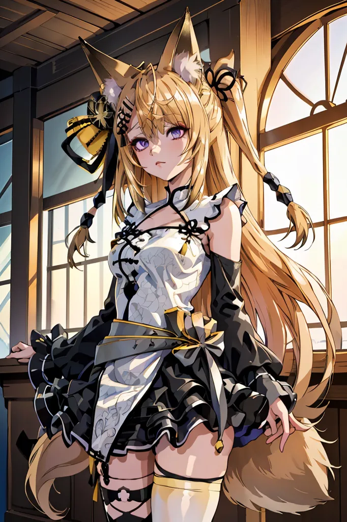 The image contains a beautiful anime girl with long blonde hair and purple eyes. She is wearing a white and black旗袍, with a yellow ribbon on her chest and a black belt around her waist. She has fox ears and a fluffy fox tail. She is standing in a room with a wooden railing and two windows in the background.