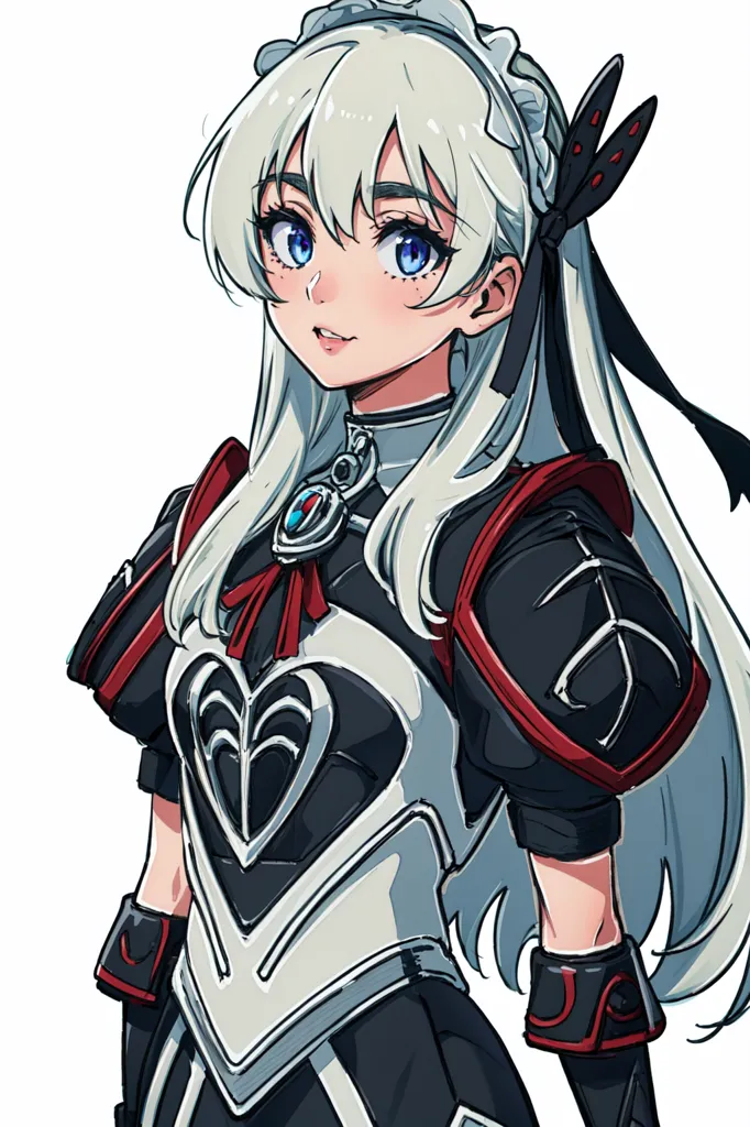 The image shows a young woman with a gentle smile on her face. She has long, flowing white hair and blue eyes. She is wearing a black and white maid outfit with a red ribbon tied around her neck. The outfit has silver and red accents and a heart-shaped symbol on the chest. She is also wearing a pair of white gloves.