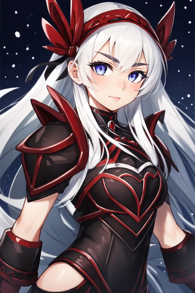 The image is of a young woman with long white hair and blue eyes. She is wearing a red and black bodysuit with a heart-shaped cutout on the chest. She is also wearing a red and black headband with a wing-like design on the sides. She has a confident expression on her face and is looking at the viewer. There is a dark blue background with white dots that resemble stars.