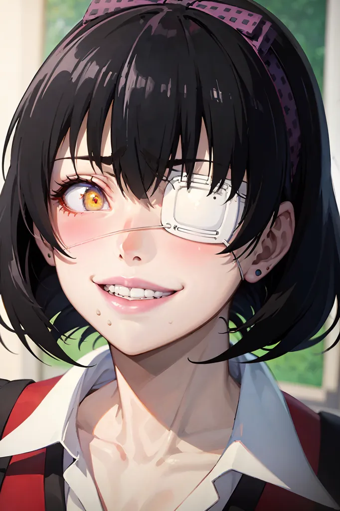 This is an image of a young woman with short black hair and yellow eyes. She has a white eyepatch over her right eye and is wearing a white shirt and red jacket. She has a small smile on her face and is looking at the viewer. The background is blurred and is a light green color.