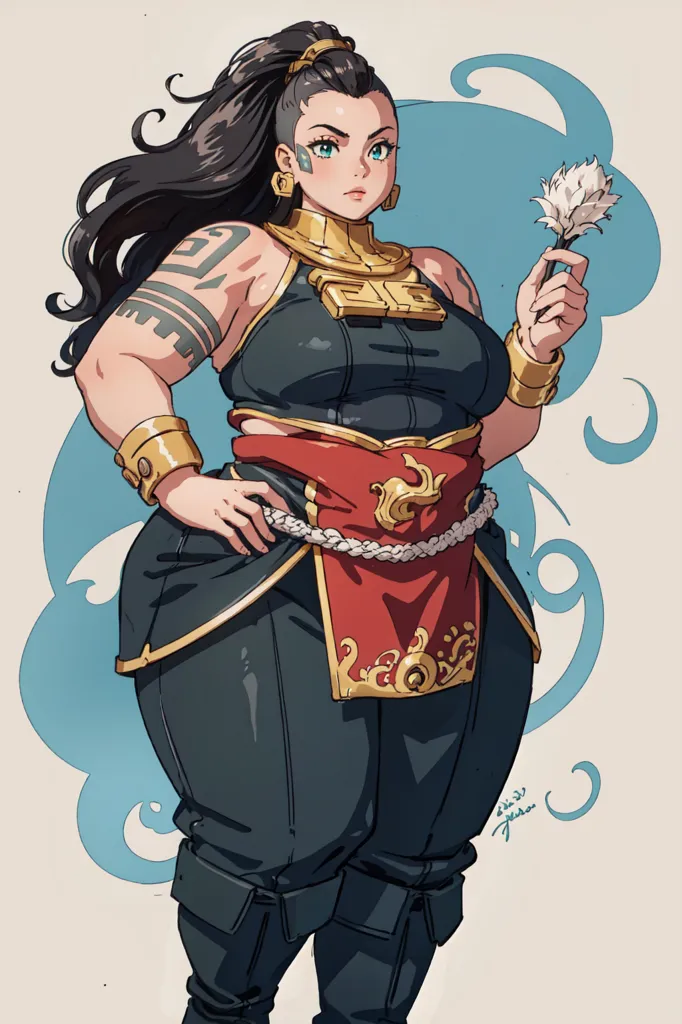 The image is of a muscular, dark-skinned woman with long, black hair and blue eyes. She is wearing a black and gold outfit with a red sash and gold jewelry. She has tattoos on her arms and face, and is holding a white flower in her right hand. She is standing in a confident pose, with her feet shoulder-width apart and her hands on her hips. The background is a light blue color, with a few white clouds.