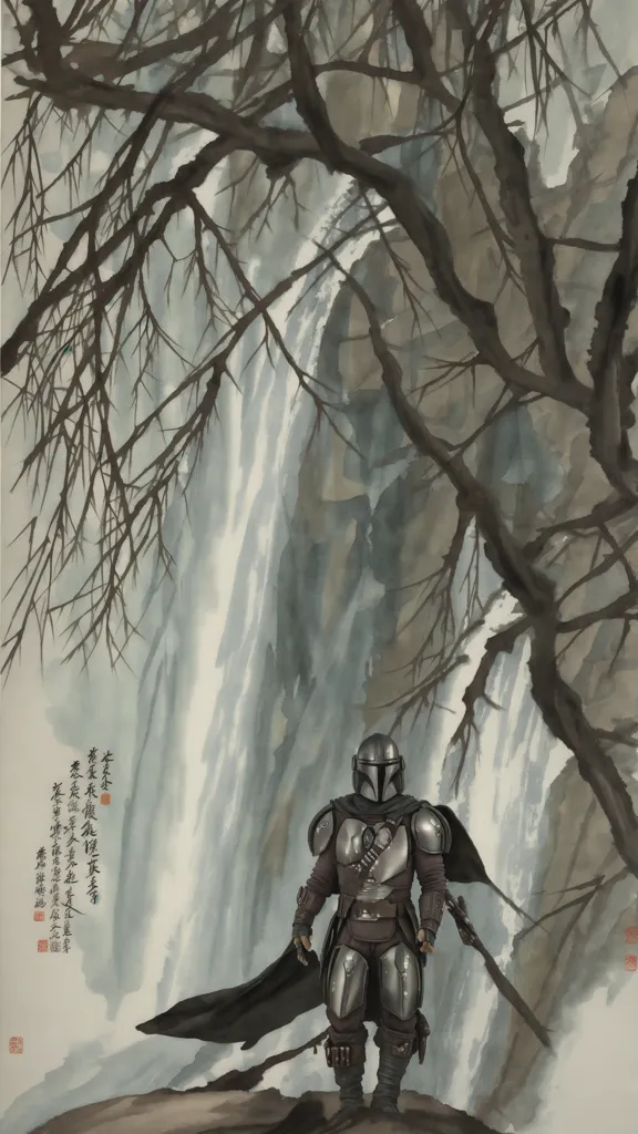 A imagem é uma pintura de um homem com uma capa preta e um capacete, em pé diante de uma cachoeira. O homem está segurando uma arma. A cachoeira está ao fundo, atrás do homem. A pintura é feita em estilo chinês.