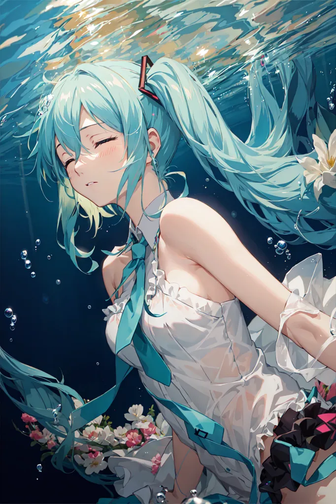 This is an illustration of a girl with long, flowing green hair and blue eyes. She is wearing a white dress with a blue ribbon at the neck. She is floating underwater, surrounded by bubbles and flowers. The girl's eyes are closed, and she has a peaceful expression on her face. The image is drawn in a realistic style, and the colors are vibrant and lifelike.