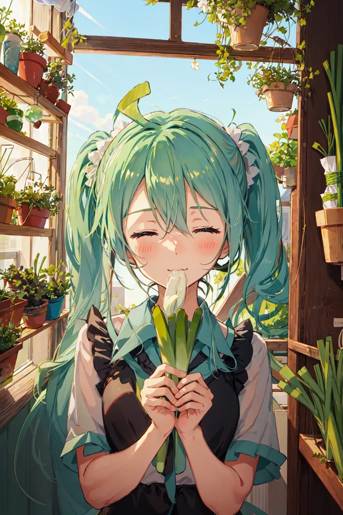 The image is a painting of a girl with long green hair and green eyes. She is wearing a white shirt and a black apron. The girl is standing in a greenhouse, surrounded by plants. She is holding a leek in her hands and smiling. The background of the image is a blue sky with white clouds.