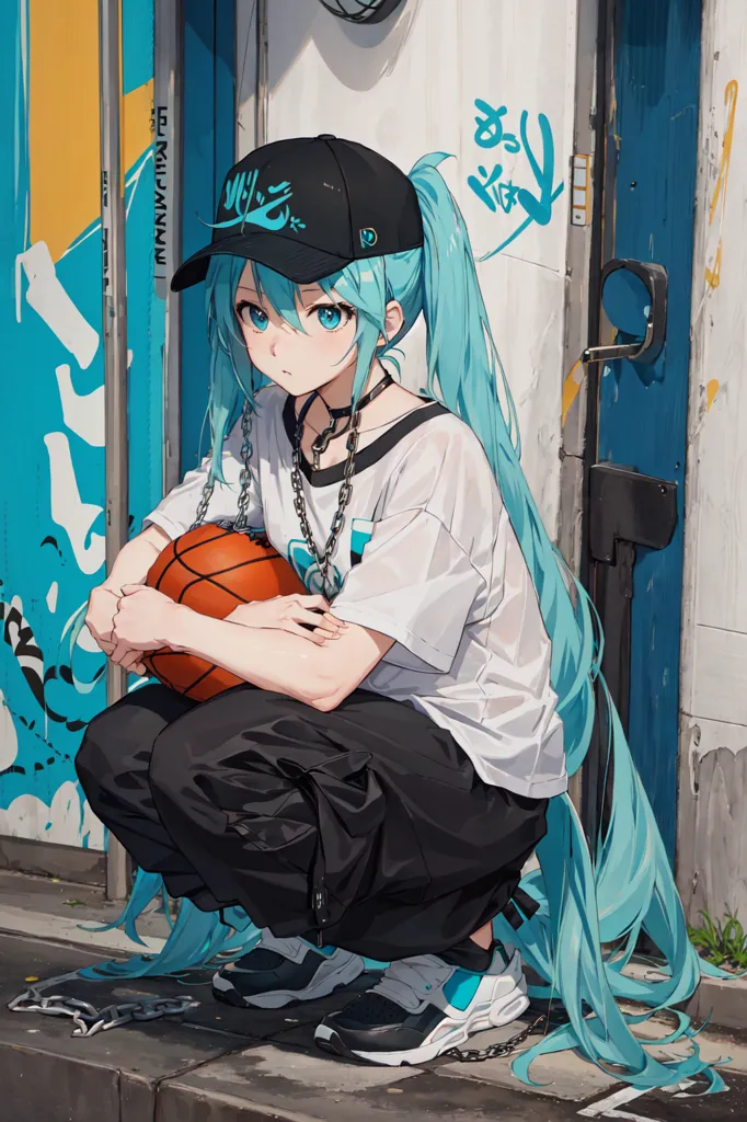 The image depicts a young woman with long, blue hair crouching in front of a door. She is wearing a white shirt, black pants, and a black cap. She has a basketball in her hands. The door behind her is painted with graffiti.