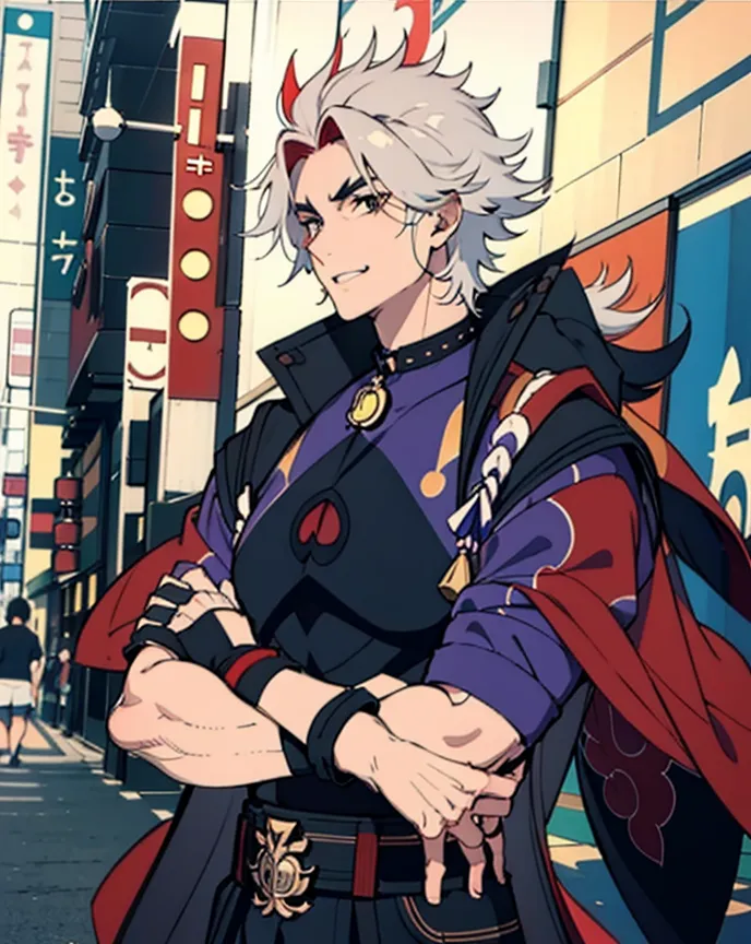 The picture shows a man with white hair and red eyes. He is wearing a black and purple outfit with a red cape. He has a muscular build and is standing with his arms crossed. He is standing in a city street with Japanese style buildings.