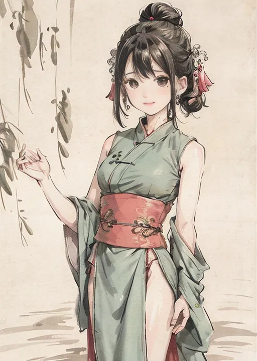 The picture shows a young woman wearing a green cheongsam with a red sash and a white underskirt. Her long black hair is tied up in a bun and she has red earrings. She is standing in front of a white background with a traditional Chinese painting of bamboo on the left side. The woman is looking at the viewer with a slight smile on her face.