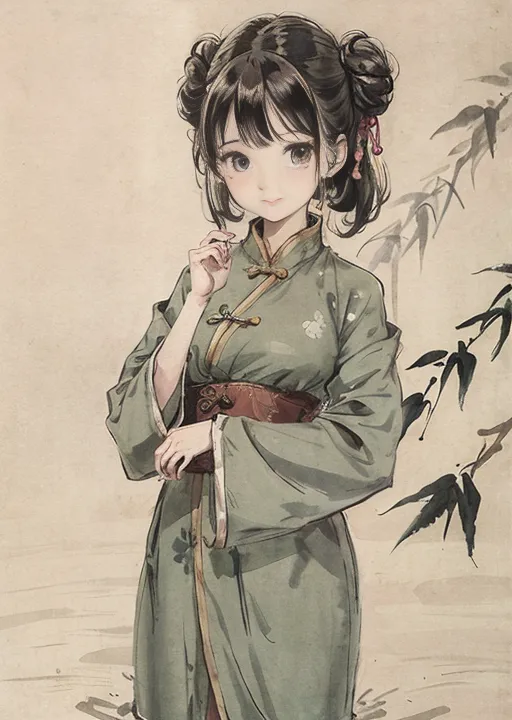 The image shows a young woman wearing a green cheongsam with white and pink floral patterns. The cheongsam has a high collar and is fastened with frog buttons. The woman has long black hair that is tied up in a bun and decorated with two red hairpins shaped like flowers. She is standing in front of a bamboo forest and has a gentle smile on her face.