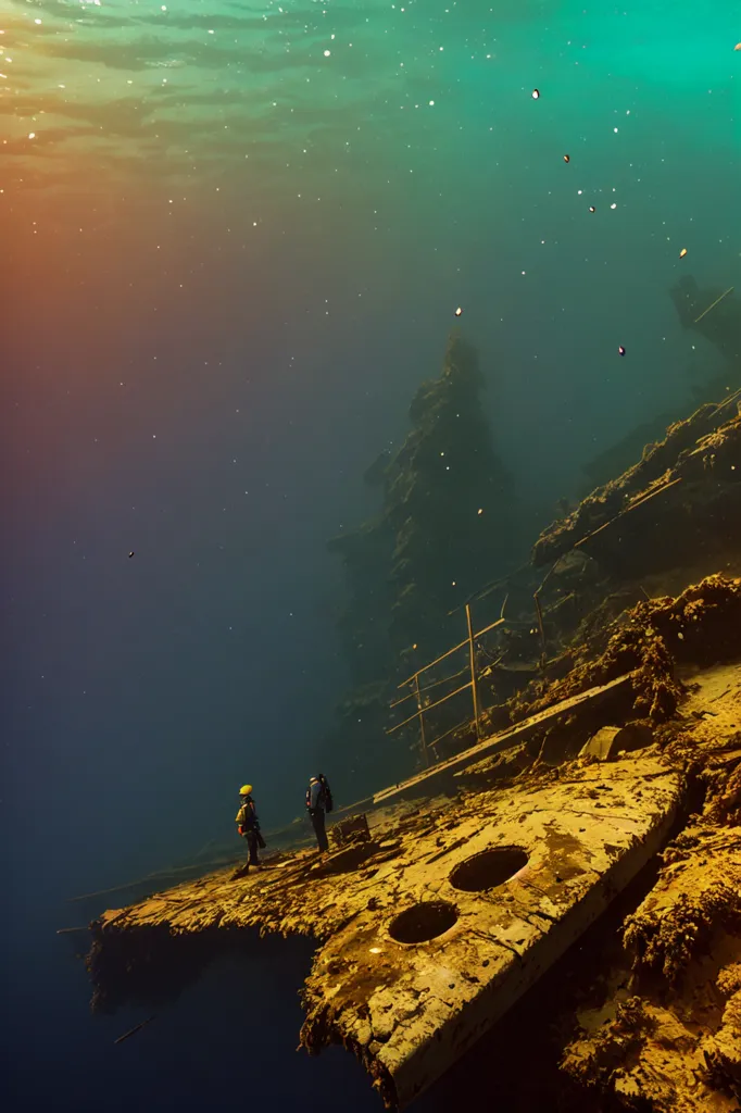 Gambar ini menunjukkan dua penyelam scuba yang sedang menjelajahi bangkai kapal. Kapal tersebut terletak di perairan dalam, dan para penyelam dikelilingi oleh laut biru gelap. Satu-satunya cahaya berasal dari matahari, yang bersinar dari permukaan. Para penyelam mengenakan baju selam dan peralatan scuba. Mereka juga membawa senter. Bangkai kapal tersebut adalah struktur logam yang besar dan tertutup karat. Para penyelam berenang di sekitar kapal, menjelajahi berbagai bagiannya.