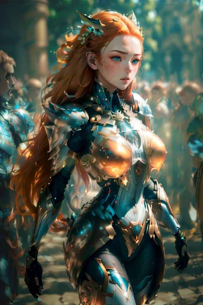 The image is of a beautiful woman with long red hair and green eyes. She is wearing a suit of armor that is gold and blue and has a glowing effect. She is standing in a forest and there are other people in armor behind her.