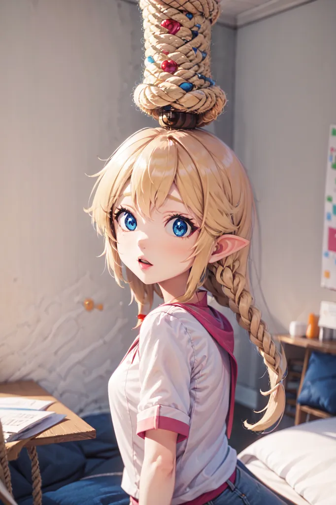 L'image montre une fille de style anime aux longs cheveux blonds et aux yeux bleus. Elle porte une chemise blanche et un jean bleu. Elle a une expression surprise sur le visage et regarde le spectateur. Il y a une corde attachée autour de sa tête avec un gros nœud enroulé en haut. L'arrière-plan est une chambre avec un lit, un bureau et d'autres meubles.