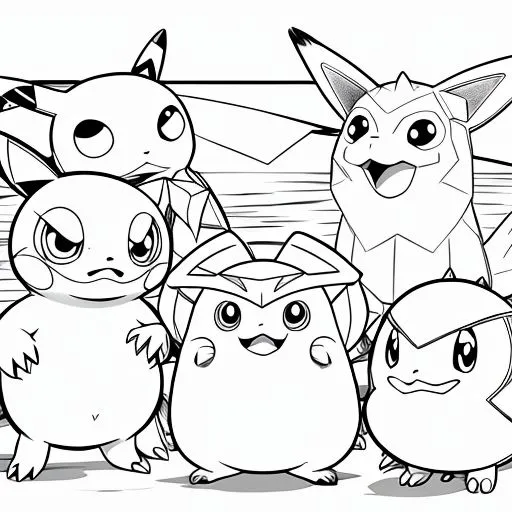 The image is a line drawing of a group of Pokémon characters. There are five characters in the group. They are Pikachu, Pichu, Clefairy, Togepi, and Chikorita. Pikachu is the most prominent character in the group. He is standing in the front and is facing the viewer. He has a surprised expression on his face. Pichu is standing to the left of Pikachu. He is also facing the viewer and has a playful expression on his face. Clefairy is standing to the right of Pikachu. She is facing the viewer and has a happy expression on her face. Togepi is standing in front of Clefairy. He is facing the viewer and has a shy expression on his face. Chikorita is standing to the right of Togepi. She is facing the viewer and has a determined expression on her face. The background of the image is a simple white color