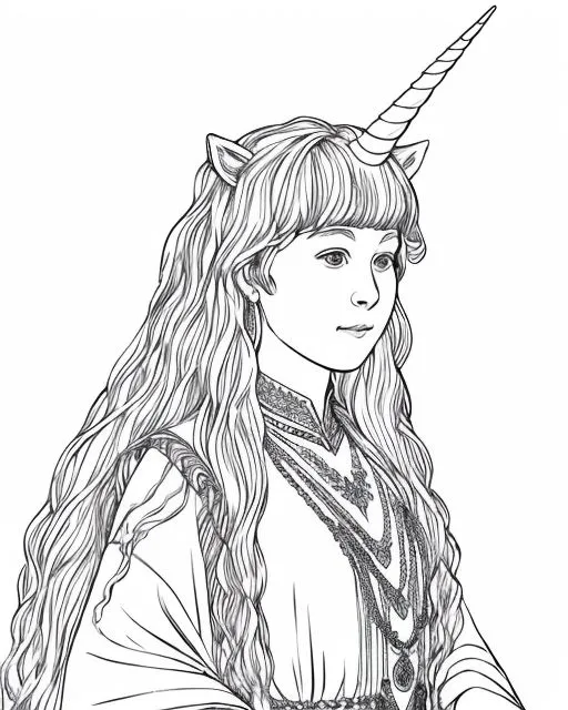 The picture shows a young woman with long, flowing hair. She is wearing a dress with a high collar. On her head is a unicorn horn. The woman's expression is serene and thoughtful.