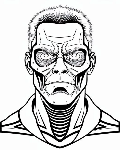 The image is a black and white outline drawing of a cyborg. The cyborg has a human face with a metallic jaw and a robotic eye. It is looking at the viewer with its mouth slightly open. The cyborg is wearing a high-collared shirt.